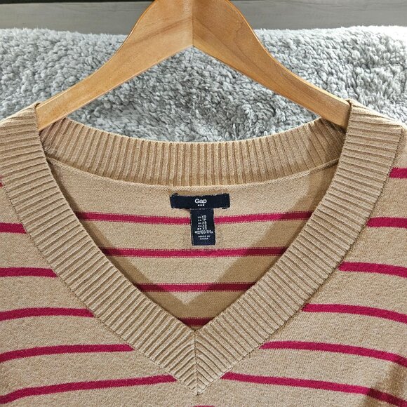 Gap Women's V-Neck Striped Beige & Pink Long Sleeve Sweater XS Soft and Comfy - Picture 2 of 16